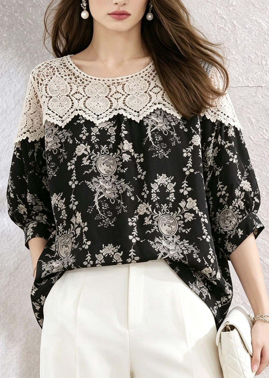 Plus Size Black O-Neck Lace Patchwork Print Shirts Summer