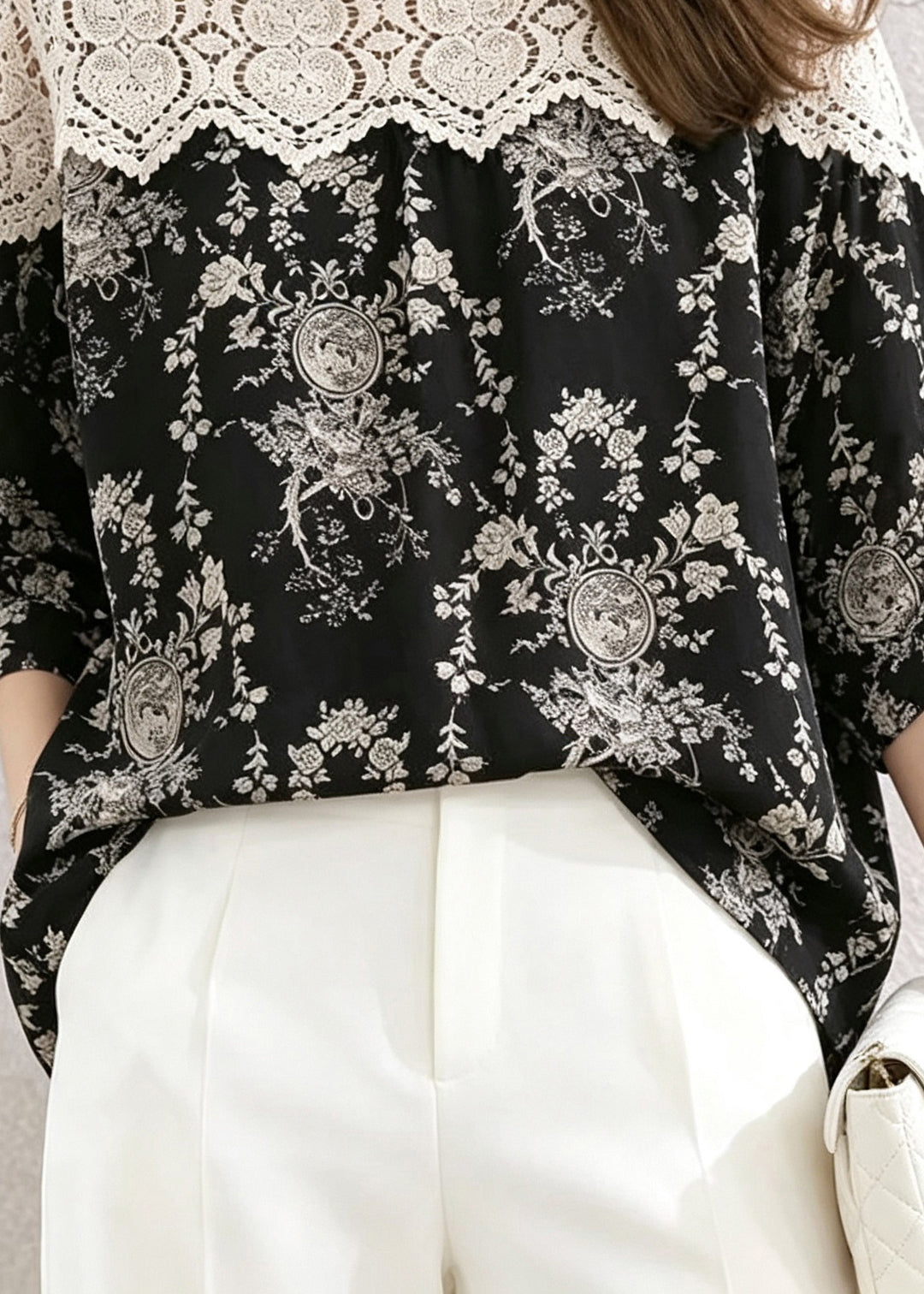 Plus Size Black O-Neck Lace Patchwork Print Shirts Summer
