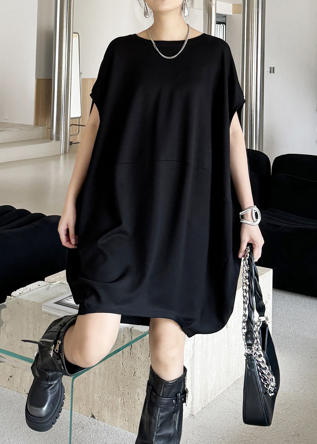 Plus Size Black O Neck Patchwork Cotton Dresses Sleeveless