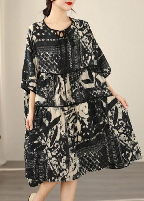 Plus Size Black O Neck Print Lace Up Cotton Dresses Summer