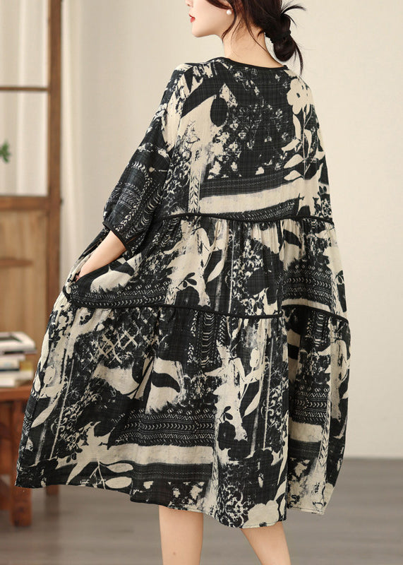 Plus Size Black O Neck Print Lace Up Cotton Dresses Summer