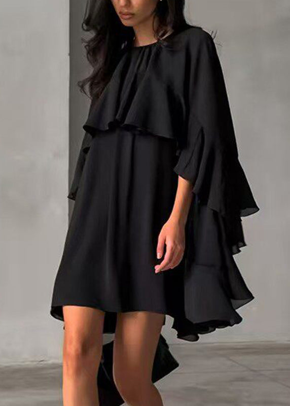Plus Size Black O-Neck Ruffled Solid Mid Dress Half Sleeve
