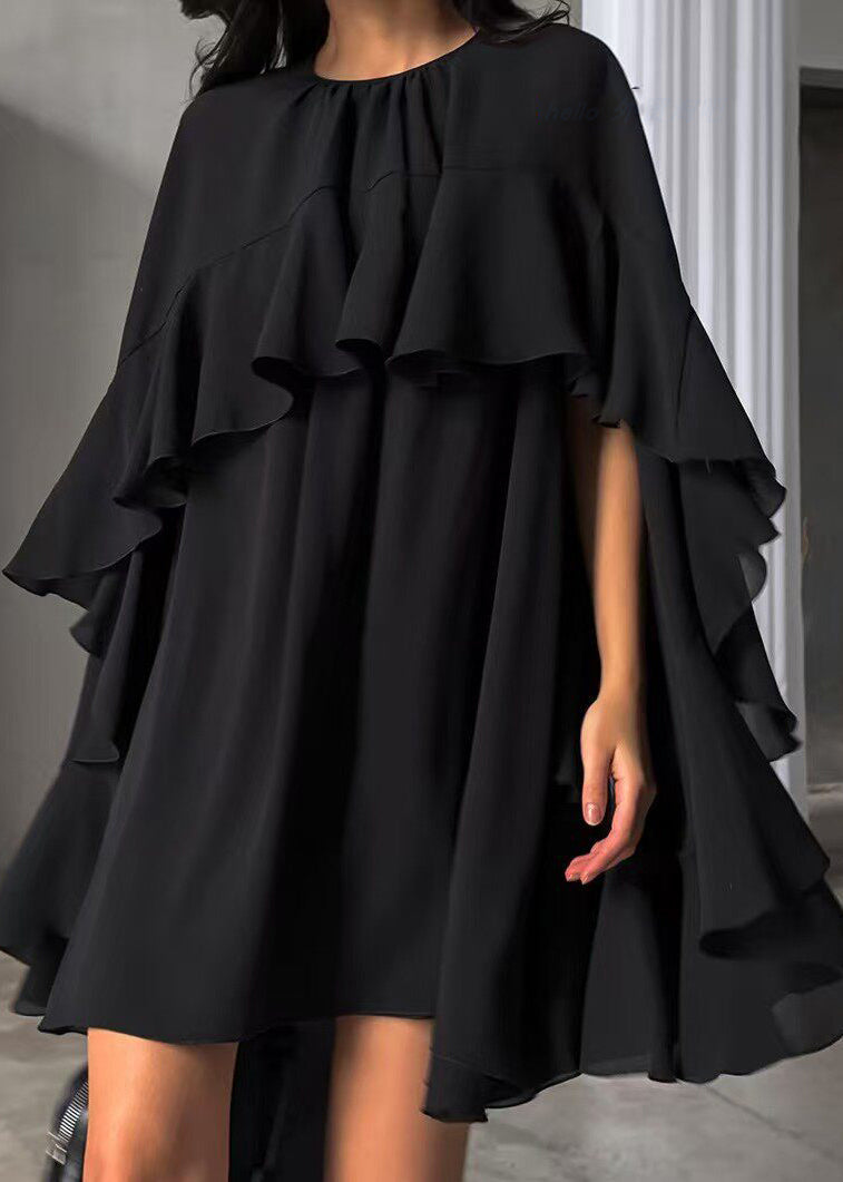 Plus Size Black O-Neck Ruffled Solid Mid Dress Half Sleeve