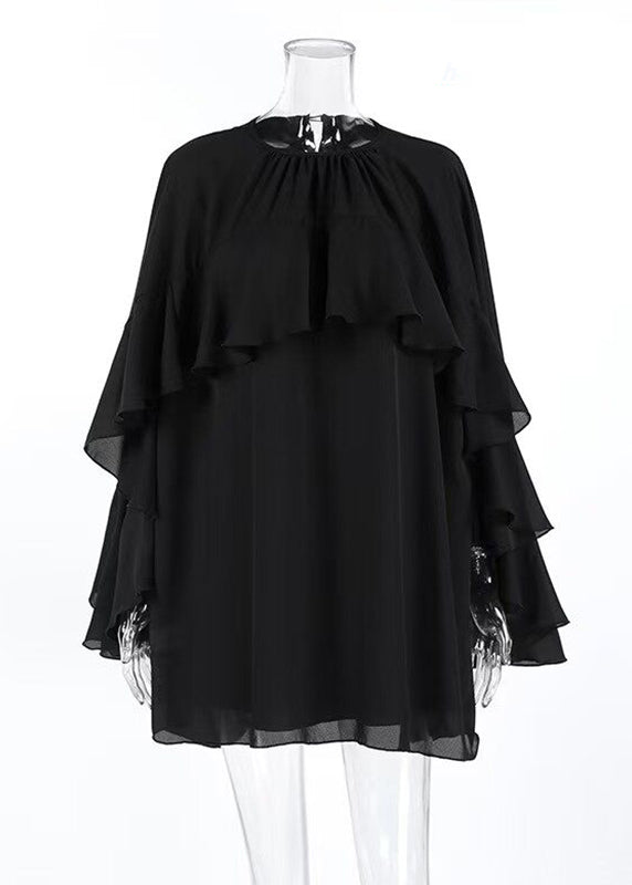 Plus Size Black O-Neck Ruffled Solid Mid Dress Half Sleeve