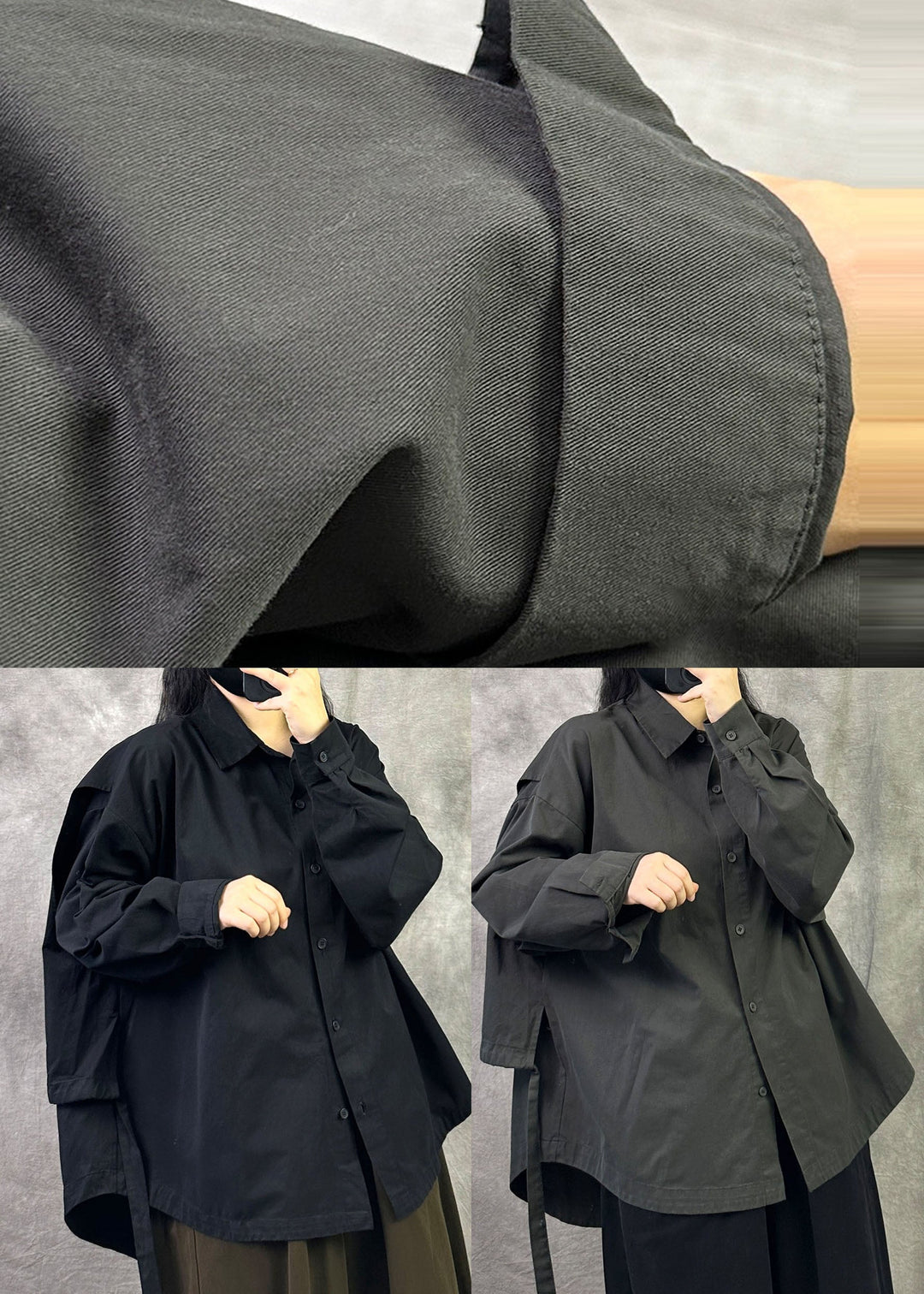 Plus Size Black Oversized Patchwork Cotton Shirt Fall
