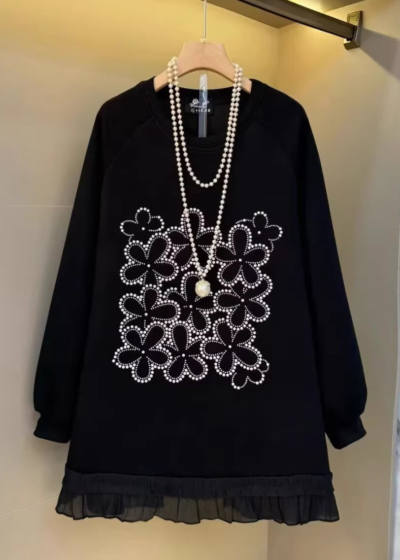 Plus Size Black Oversized Patchwork Cotton Sweatshirt Streetwear Fall