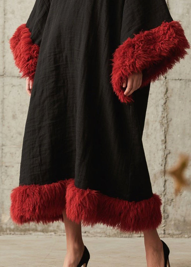 Plus Size Black Oversized Patchwork Faux Fur Ankle Dress Fall
