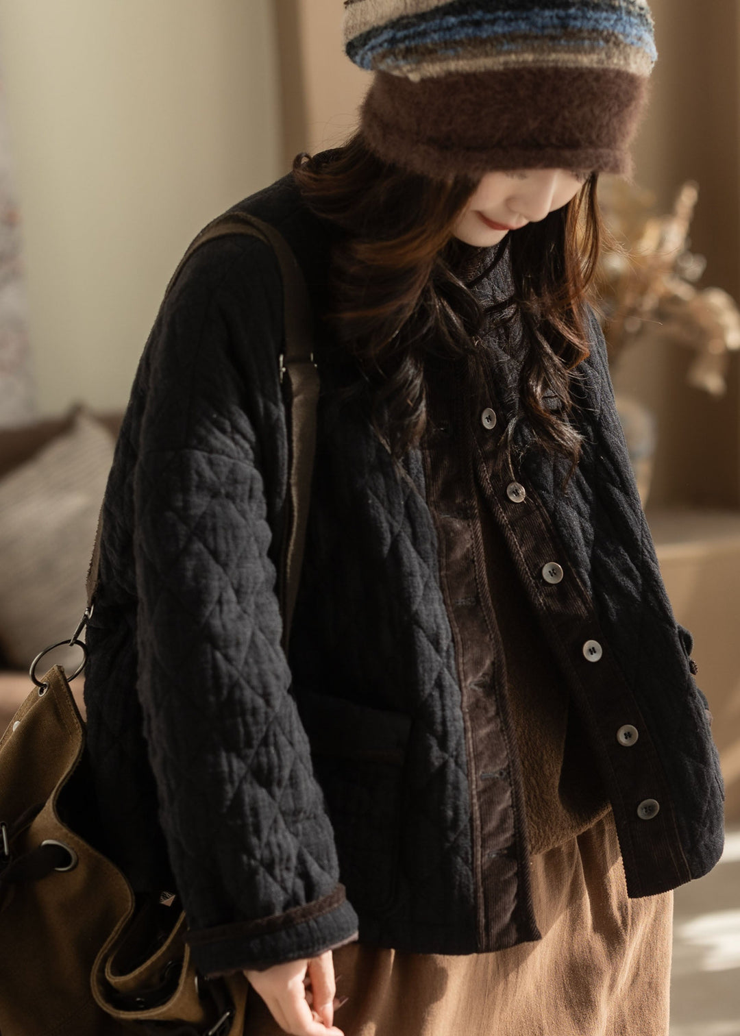 Plus Size Black Oversized Patchwork Fine Cotton Filled Jackets Winter