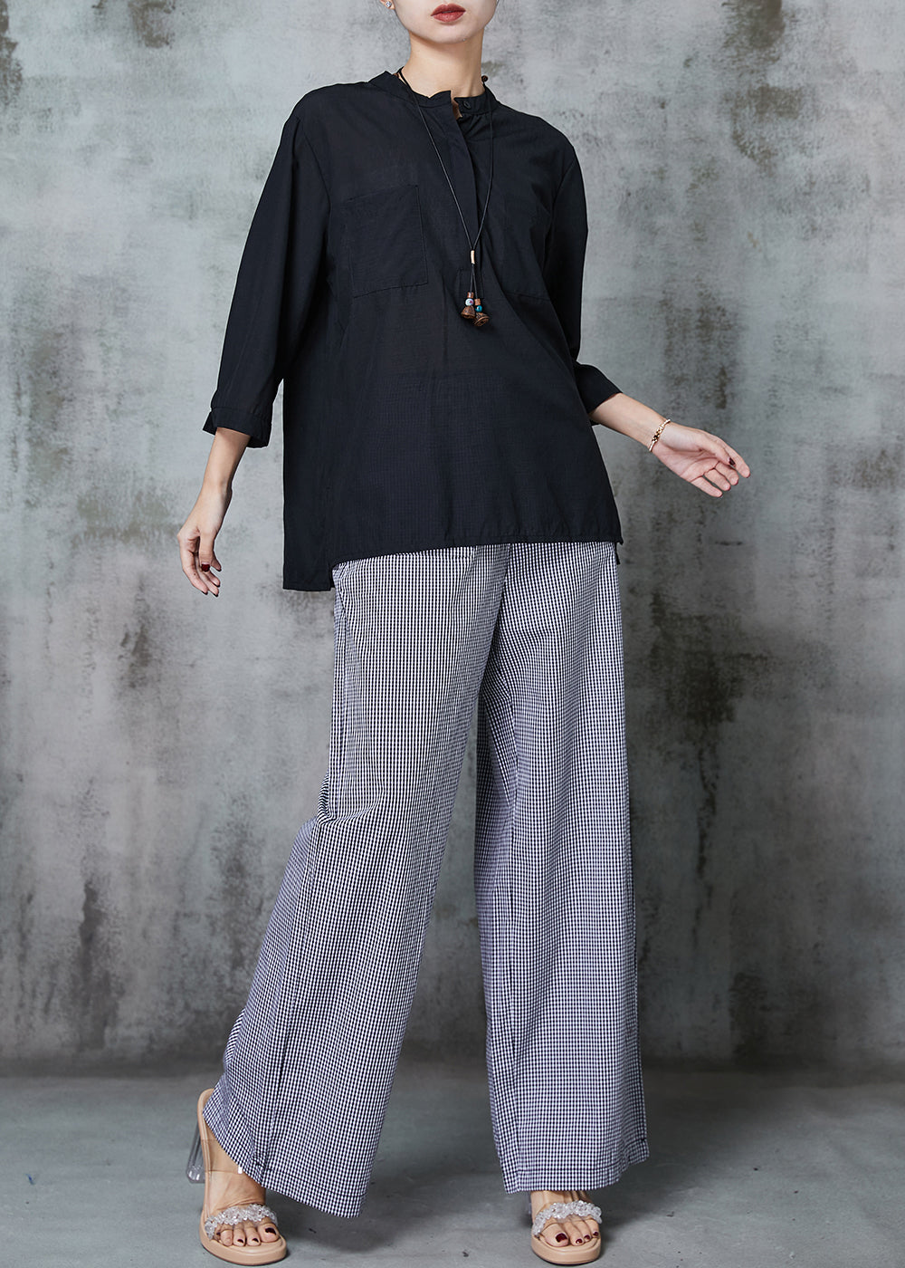 Plus Size Black Oversized Plaid Linen 2 Piece Outfit Spring