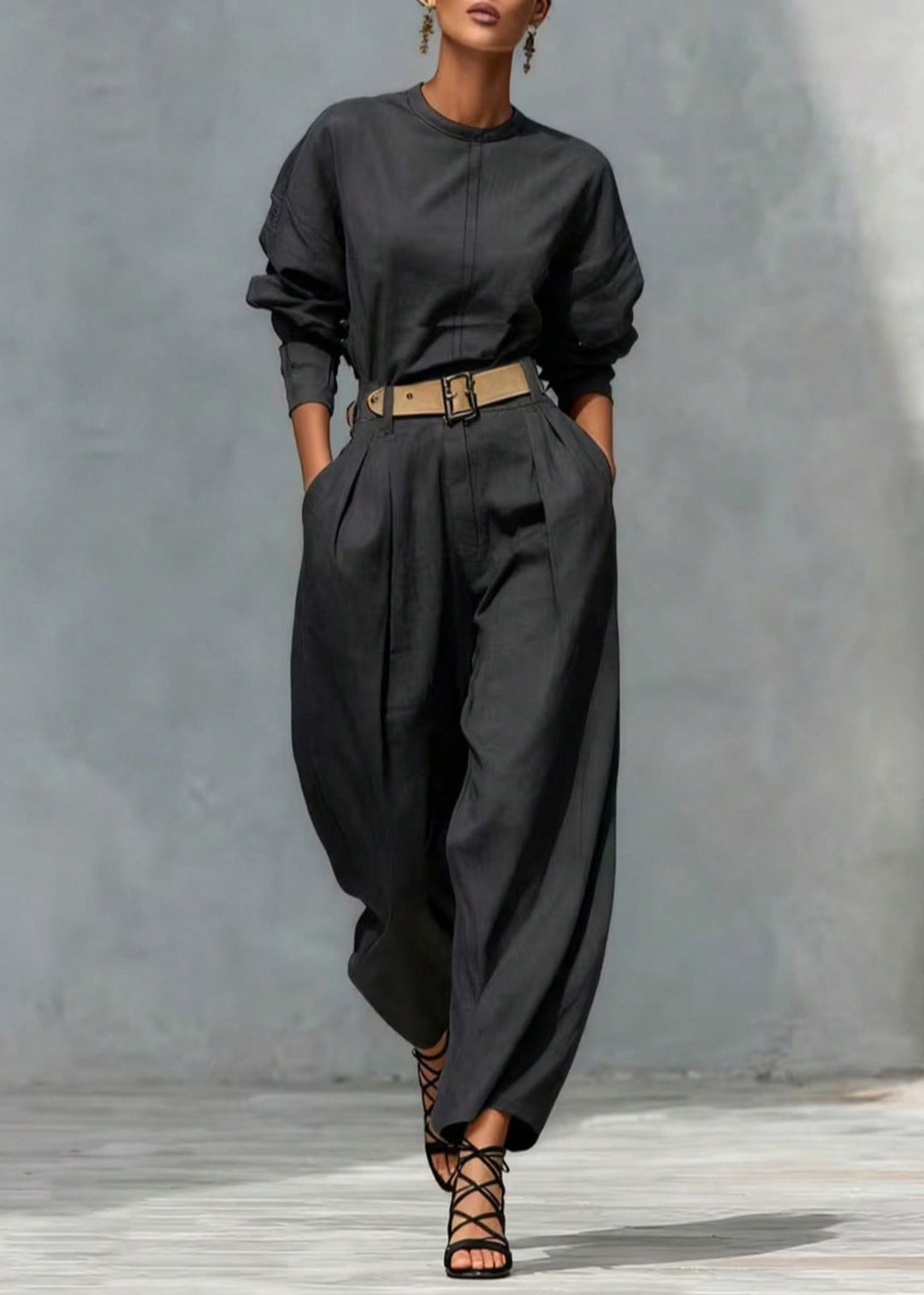 Plus Size Black Oversized Pockets Linen Pants Fall