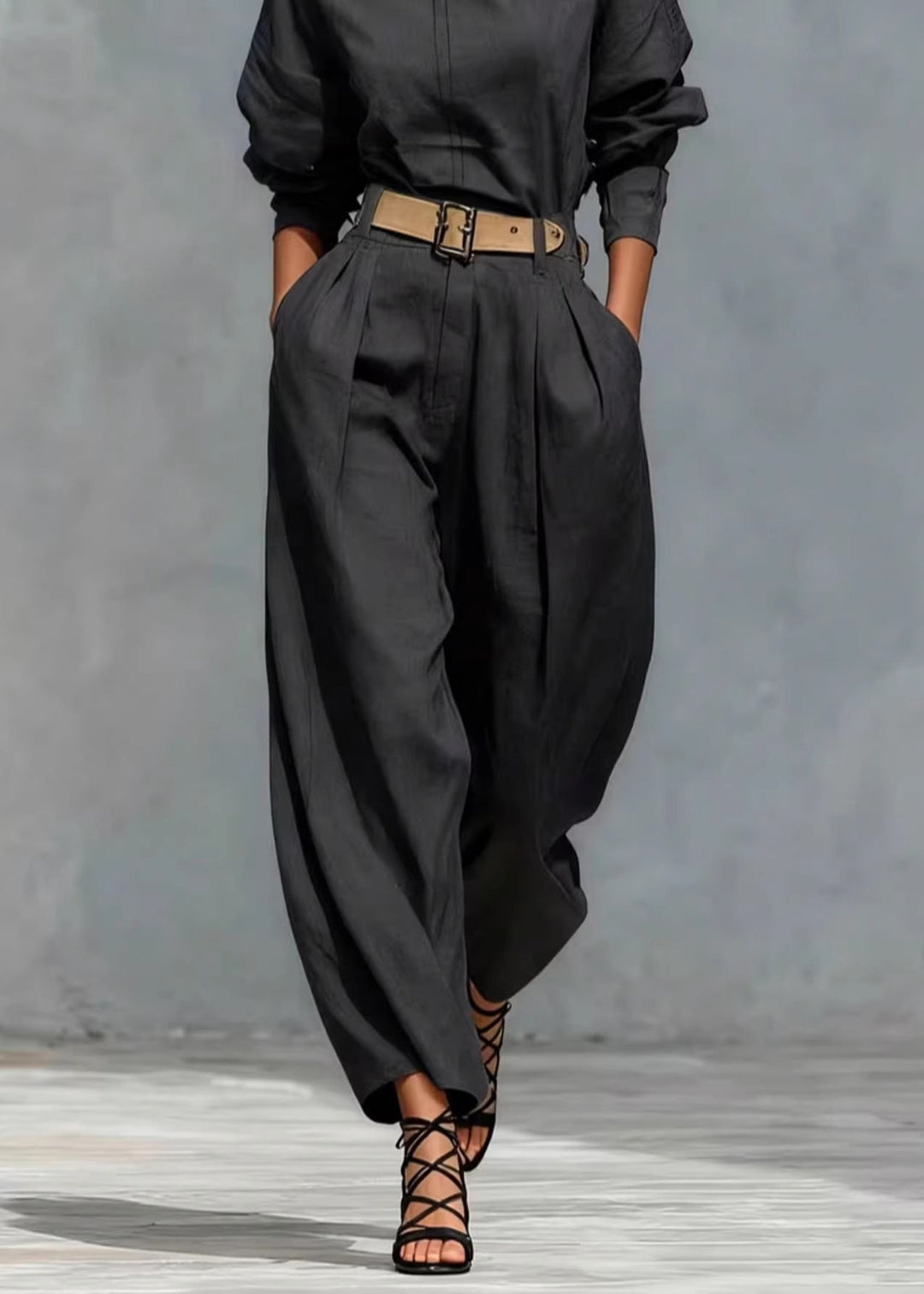 Plus Size Black Oversized Pockets Linen Pants Fall