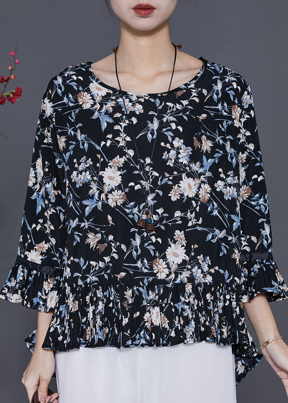 Plus Size Black Oversized Print Chiffon Blouses Summer