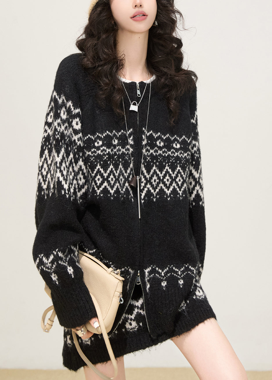 Plus Size Black Oversized Print Knit Two Piece Set Women Clothing Spring