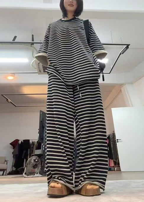 Plus Size Black Oversized Striped Cotton Two Pieces Set Fall
