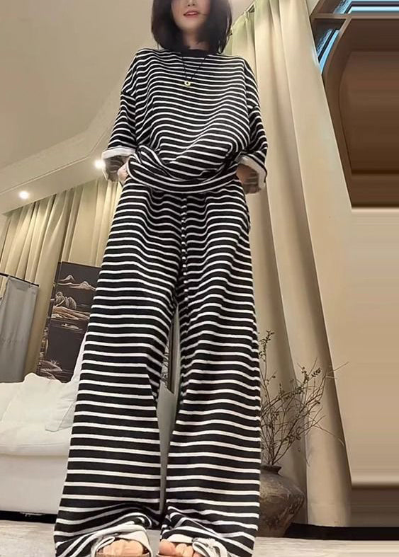 Plus Size Black Oversized Striped Cotton Two Pieces Set Fall