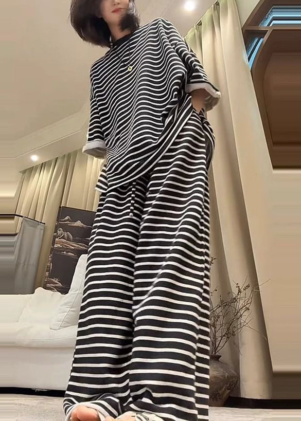 Plus Size Black Oversized Striped Cotton Two Pieces Set Fall