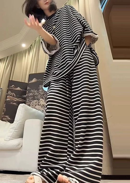 Plus Size Black Oversized Striped Cotton Two Pieces Set Fall
