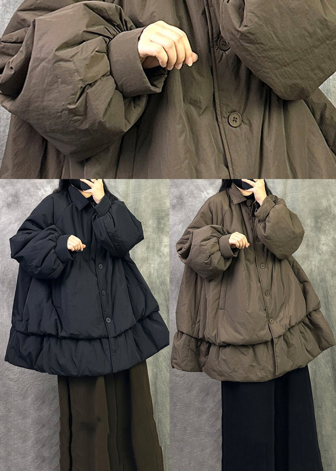 Plus Size Black Peter Pan Collar Button Fine Cotton Filled Jackets Winter