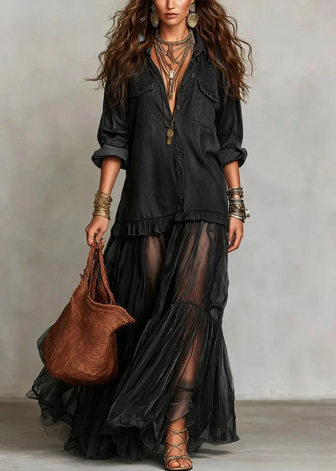 Plus Size Black Peter Pan Collar Patchwork Denim Dress Summer