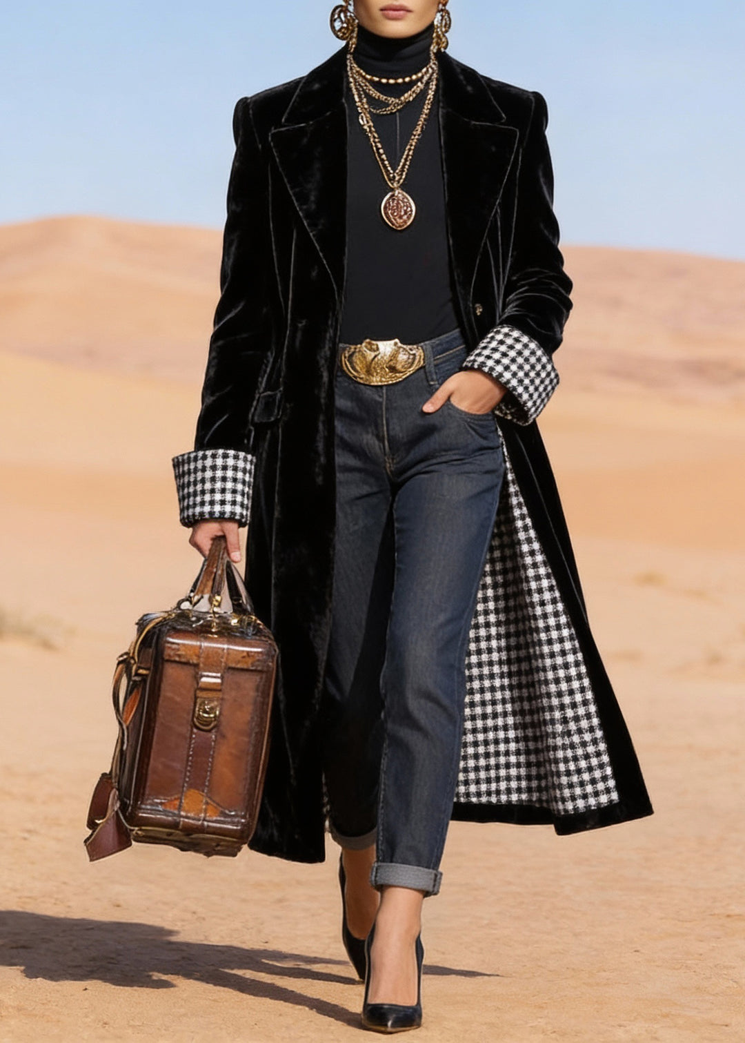 Plus Size Black Peter Pan Collar Pockets Velvet Trench Spring