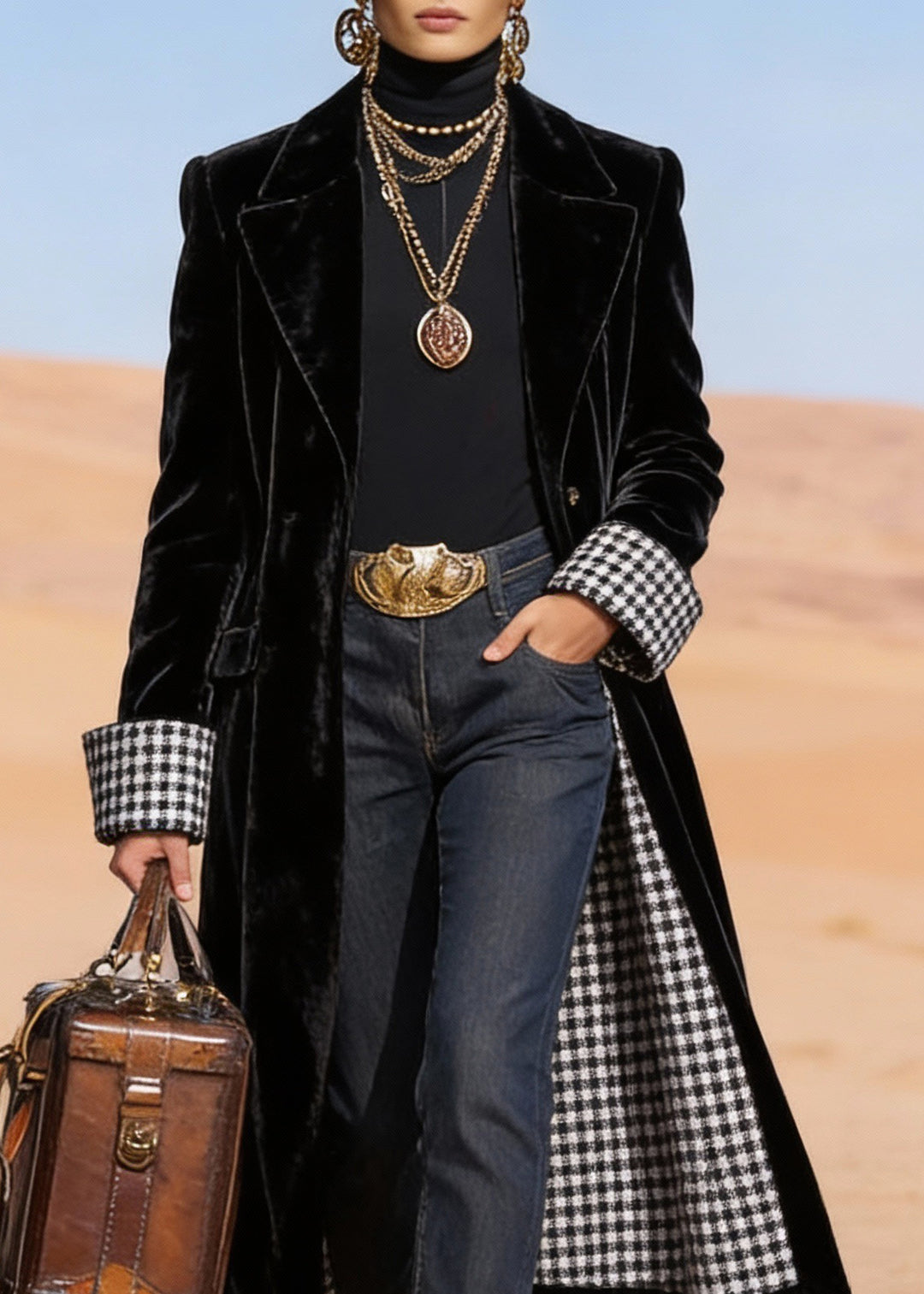 Plus Size Black Peter Pan Collar Pockets Velvet Trench Spring