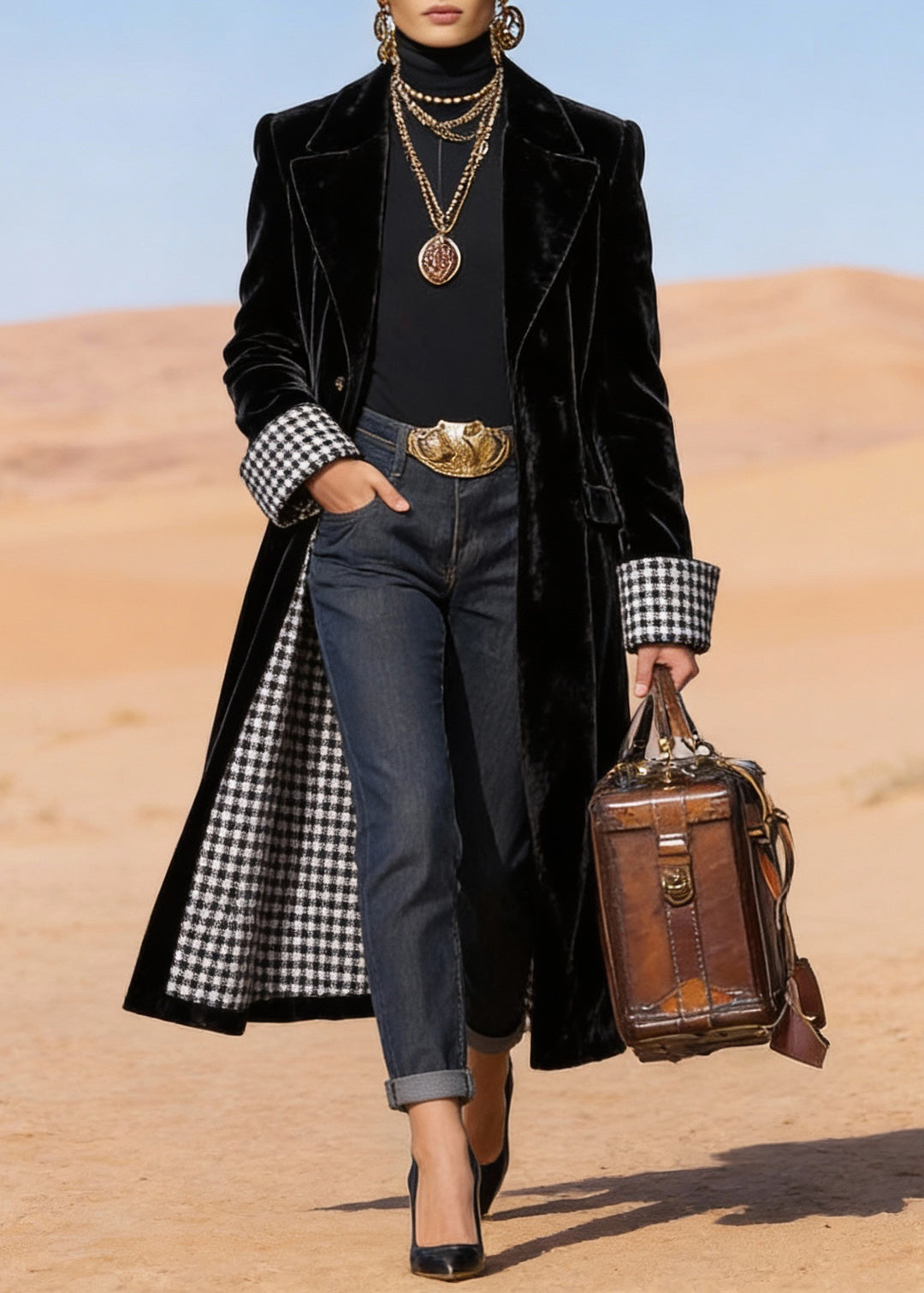 Plus Size Black Peter Pan Collar Pockets Velvet Trench Spring