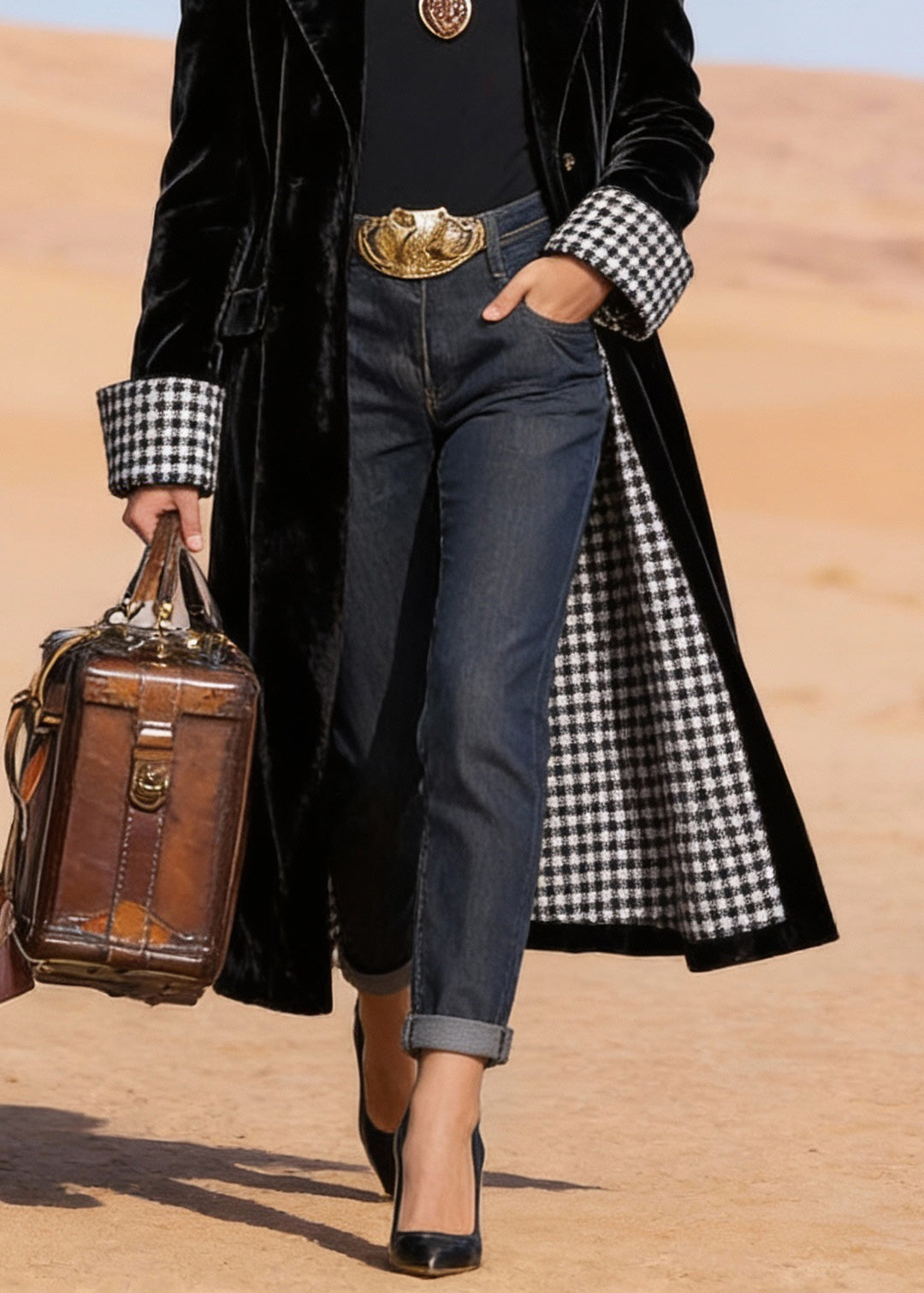 Plus Size Black Peter Pan Collar Pockets Velvet Trench Spring