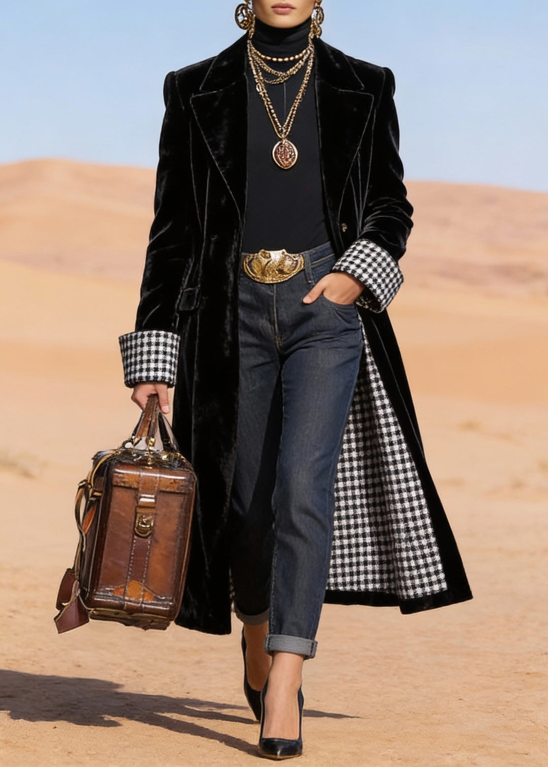 Plus Size Black Peter Pan Collar Pockets Velvet Trench Spring