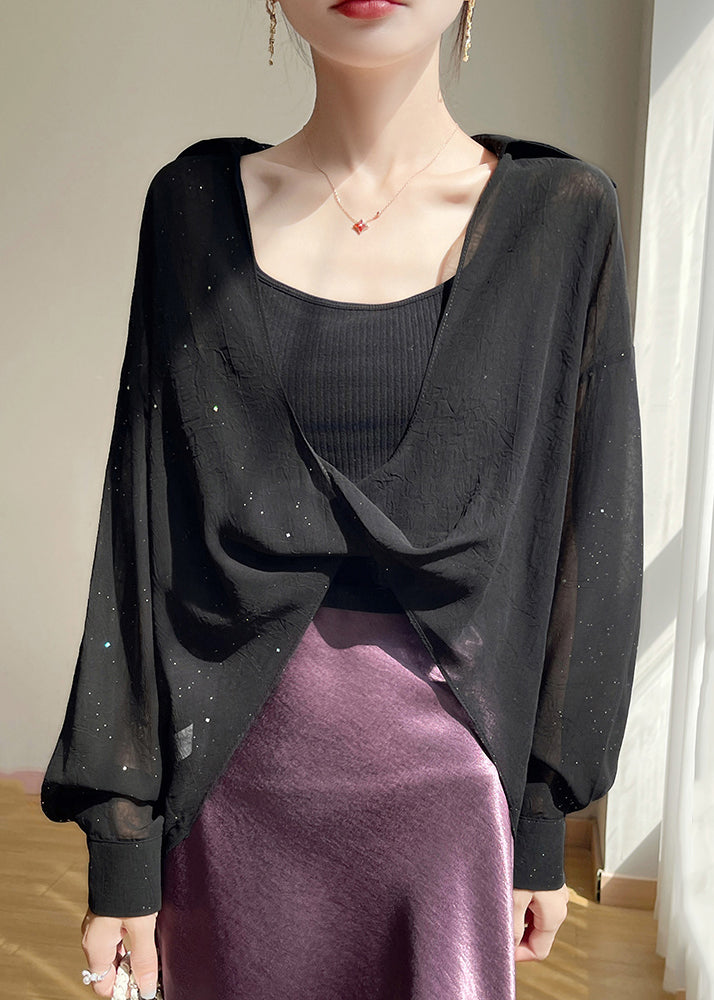 Plus Size Black Peter Pan Collar Solid Chiffon Blouses Fall