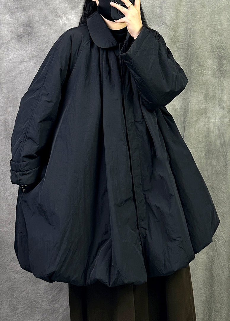 Plus Size Black Peter Pan Collar Warm Fine Cotton Filled Coat In Winter