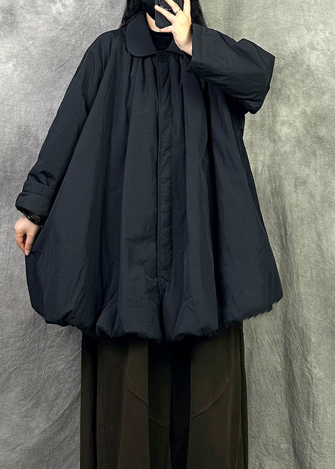 Plus Size Black Peter Pan Collar Warm Fine Cotton Filled Coat In Winter