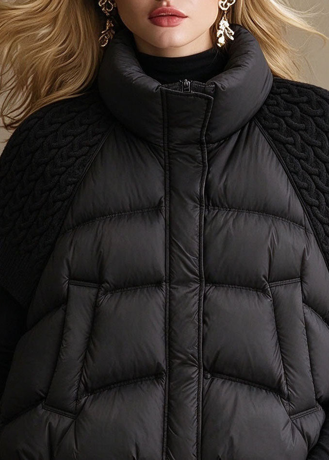 Plus Size Black Pockets Knit Patchwork Drawstring Warm Waistcoat Winter