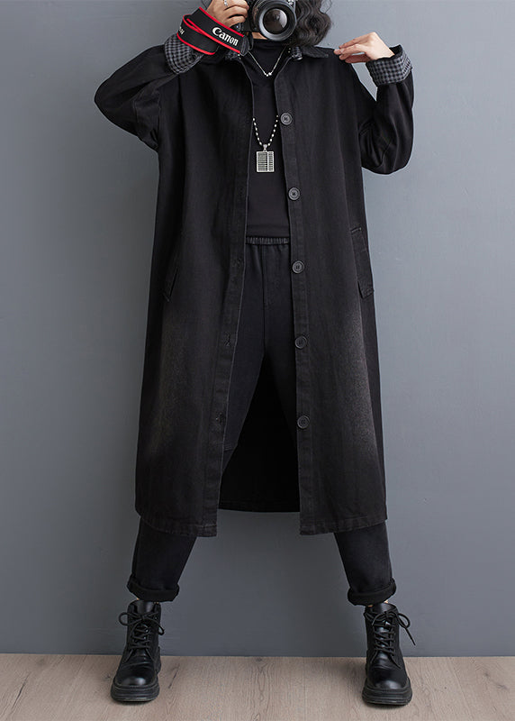Plus Size Black Pockets Patchwork Denim Trench Coats Fall