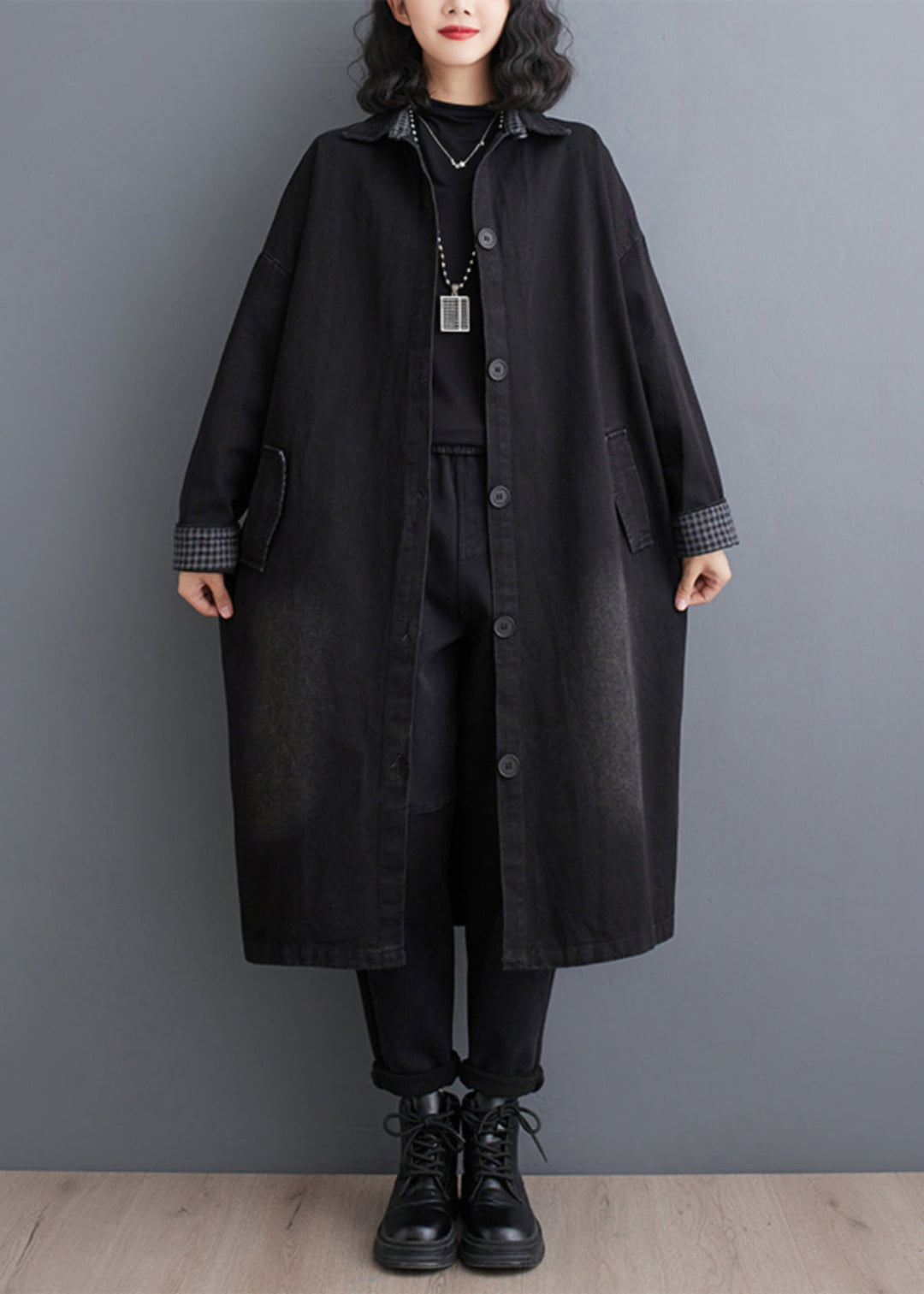 Plus Size Black Pockets Patchwork Denim Trench Coats Fall