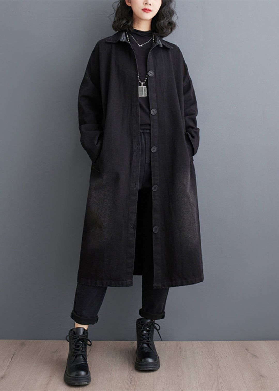 Plus Size Black Pockets Patchwork Denim Trench Coats Fall