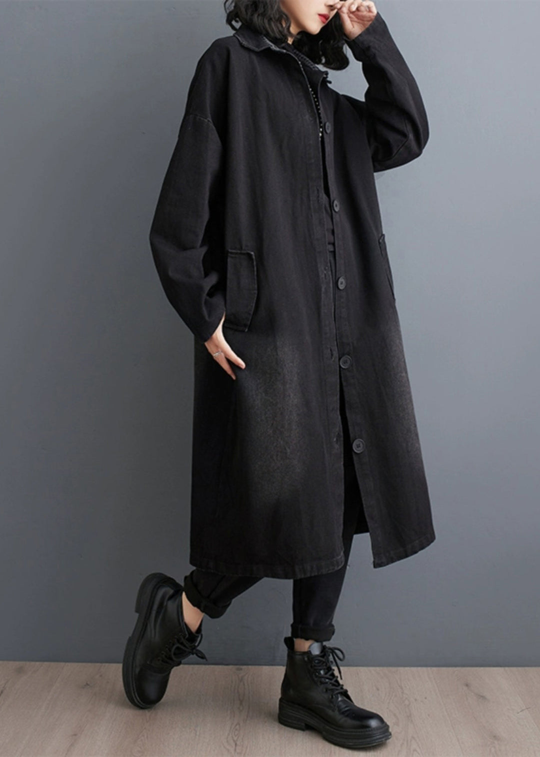 Plus Size Black Pockets Patchwork Denim Trench Coats Fall