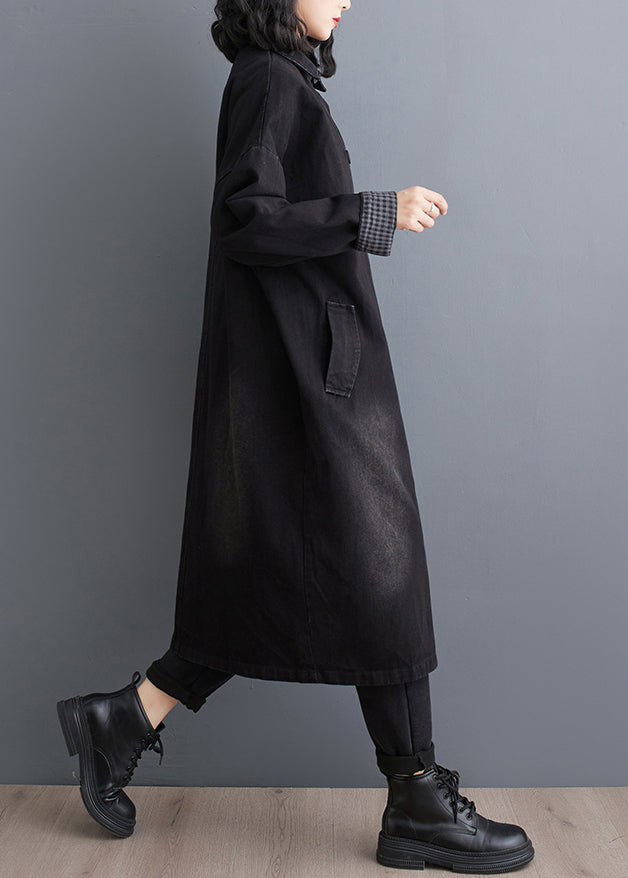 Plus Size Black Pockets Patchwork Denim Trench Coats Fall