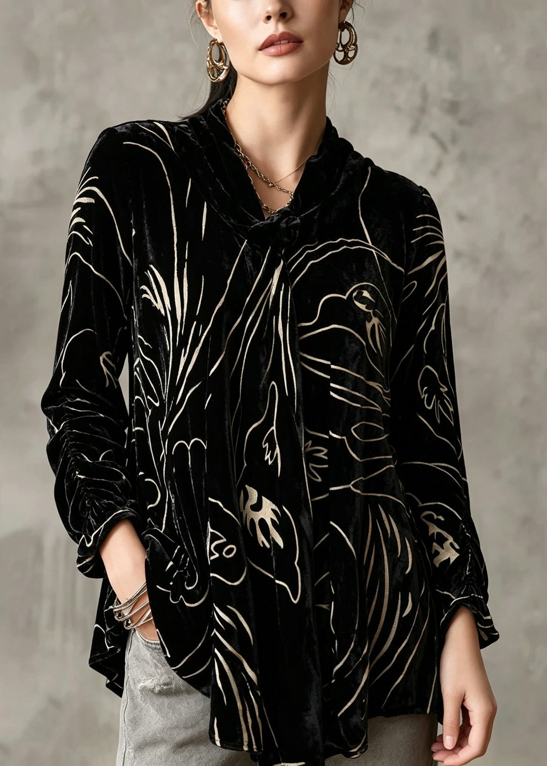 Plus Size Black Print Silk Velour Tops Long Sleeve