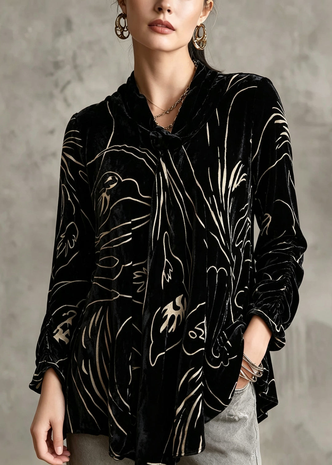 Plus Size Black Print Silk Velour Tops Long Sleeve