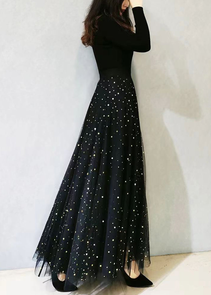 Plus Size Black Print Wrinkled Elastic Waist Tulle Skirts Spring