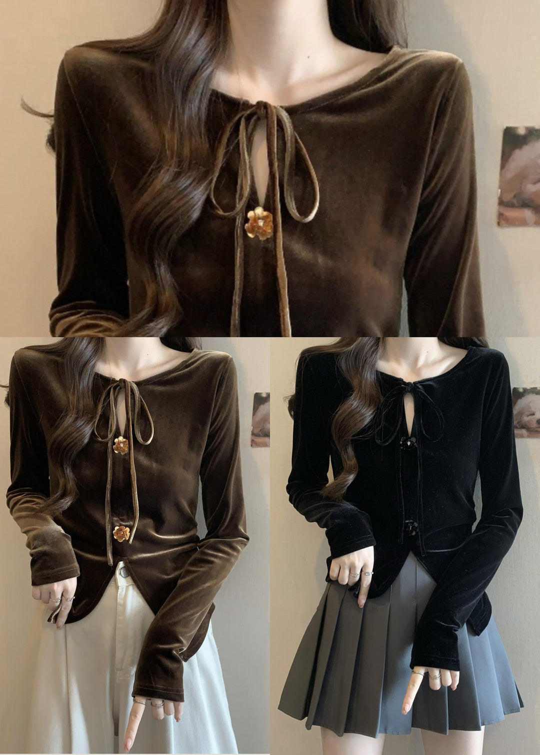 Plus Size Black Side Open Flower Decorated Silk Velour Shirts Fall