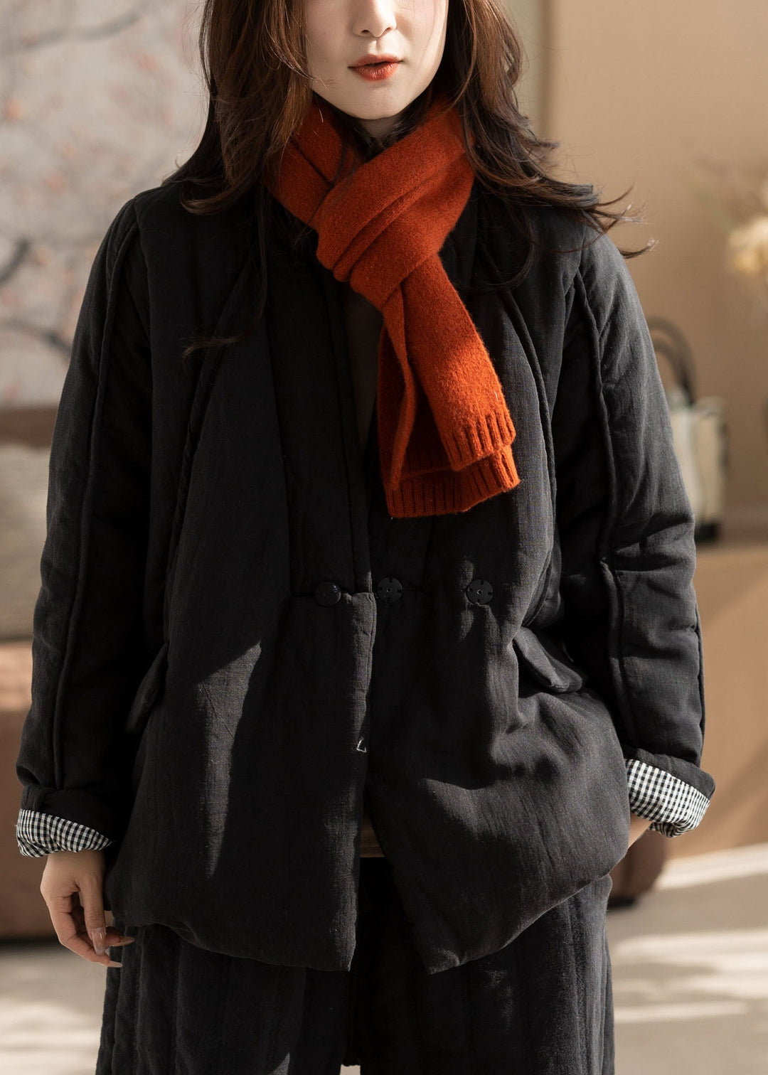 Plus Size Black Stand Collar Fine Cotton Filled Trench Winter