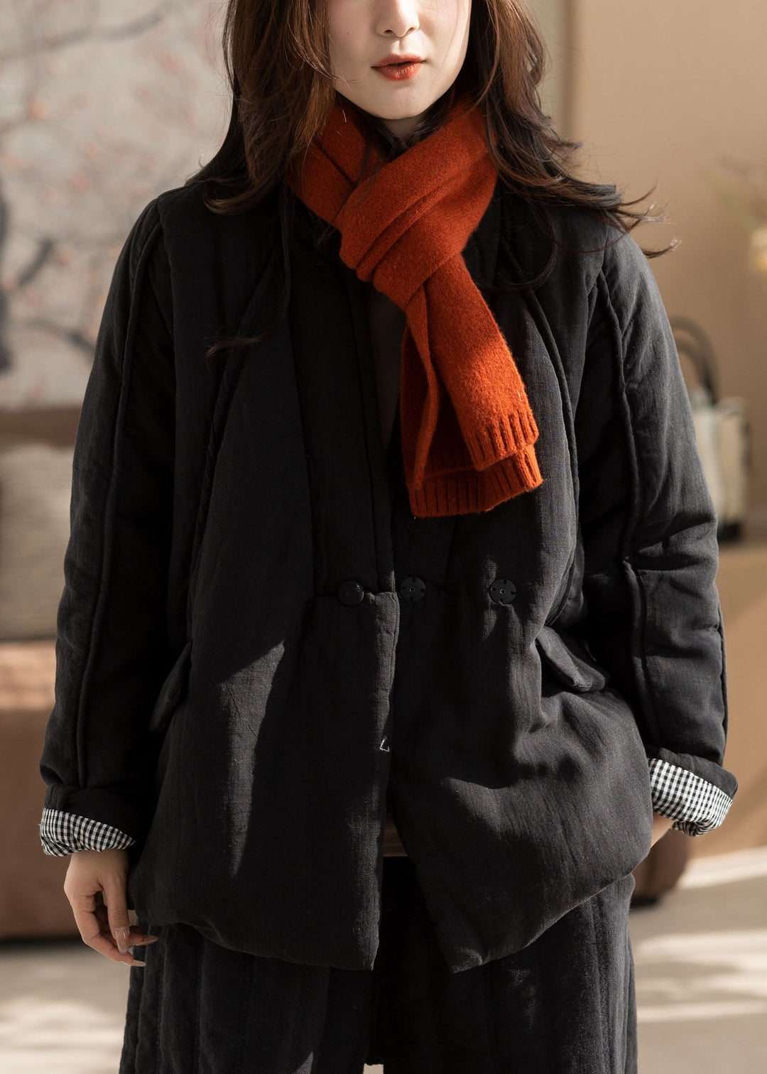 Plus Size Black Stand Collar Fine Cotton Filled Trench Winter
