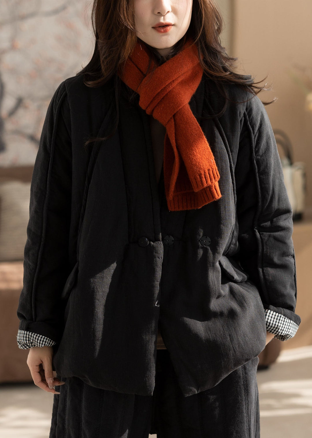 Plus Size Black Stand Collar Fine Cotton Filled Trench Winter