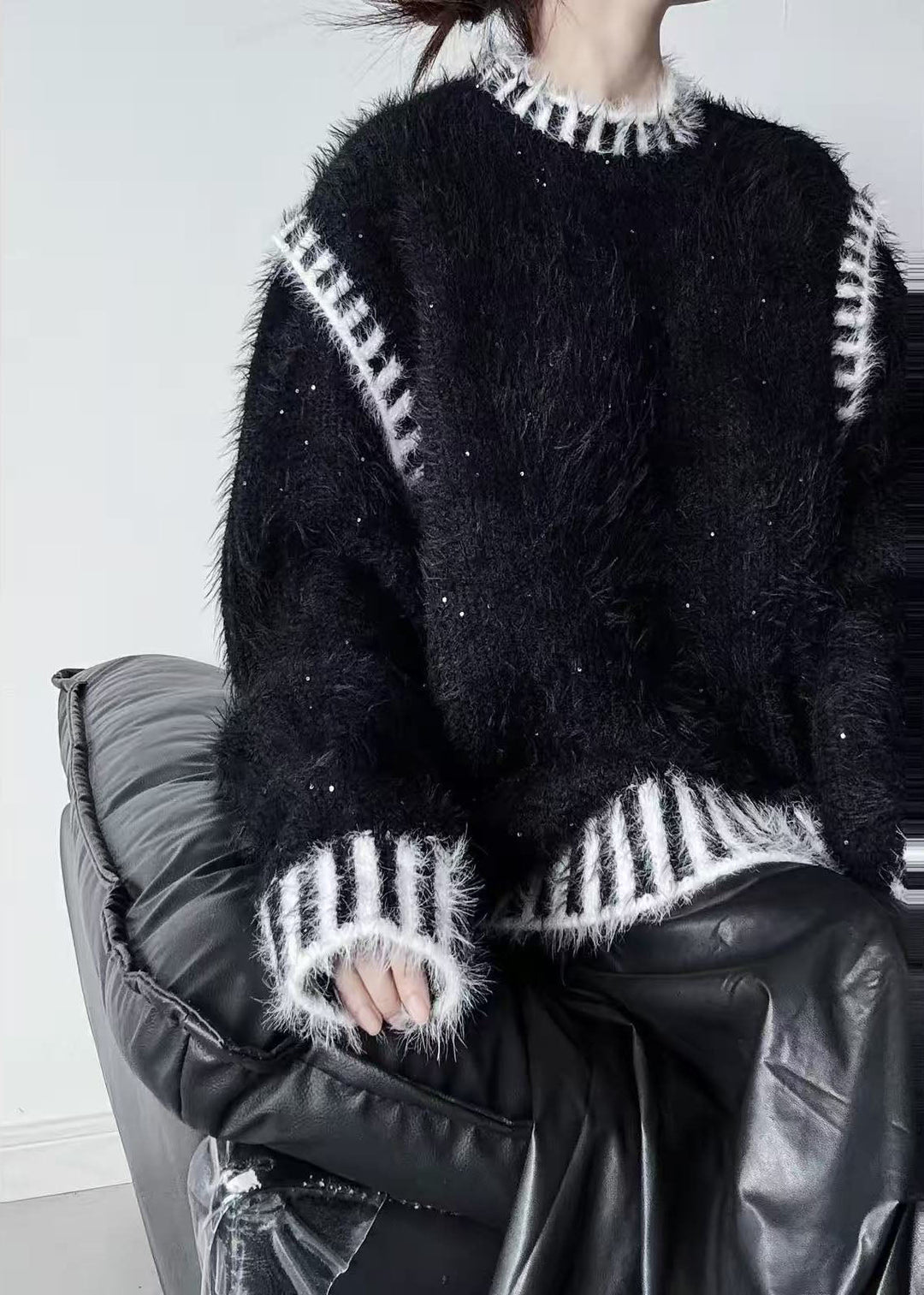 Plus Size Black Striped Thick Mink Hair Knitted Tops Winter