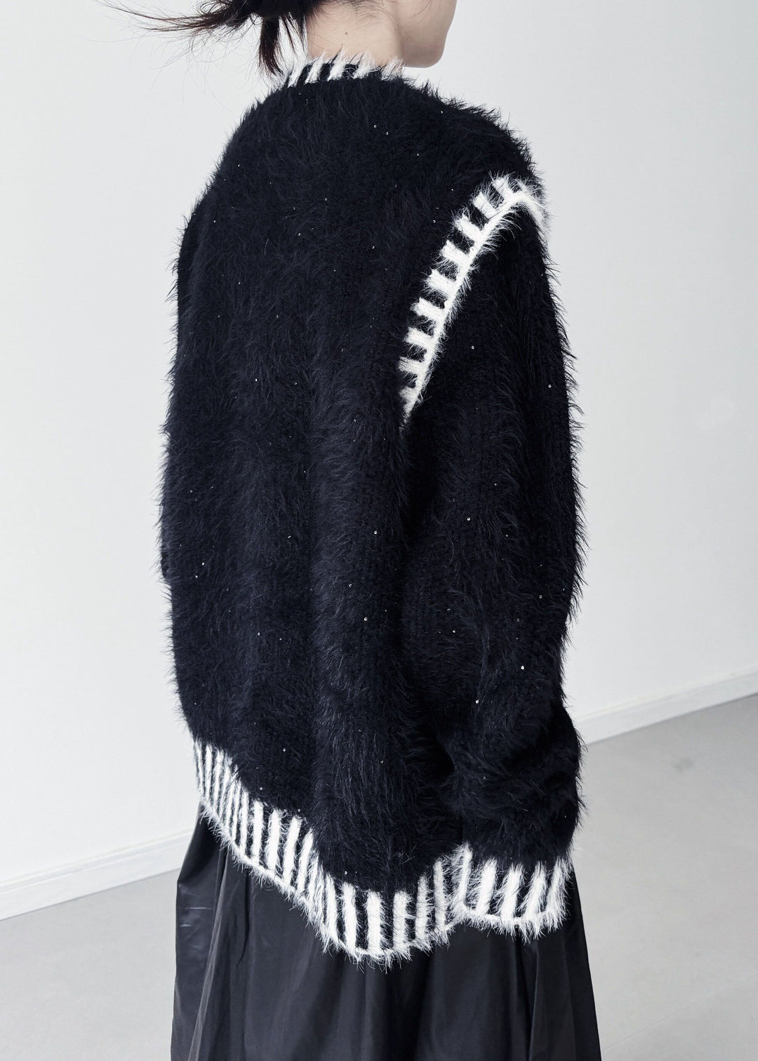 Plus Size Black Striped Thick Mink Hair Knitted Tops Winter