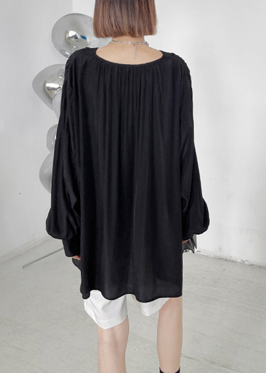 Plus Size Black V Neck Button Patchwork Cotton Blouse Tops