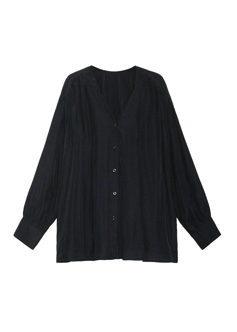 Plus Size Black V Neck Button Patchwork Cotton Blouse Tops