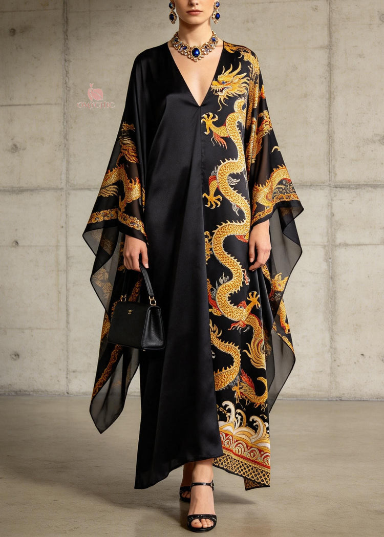 Plus Size Black V Neck Oriental Print Chiffon Dress Summer - Omychic