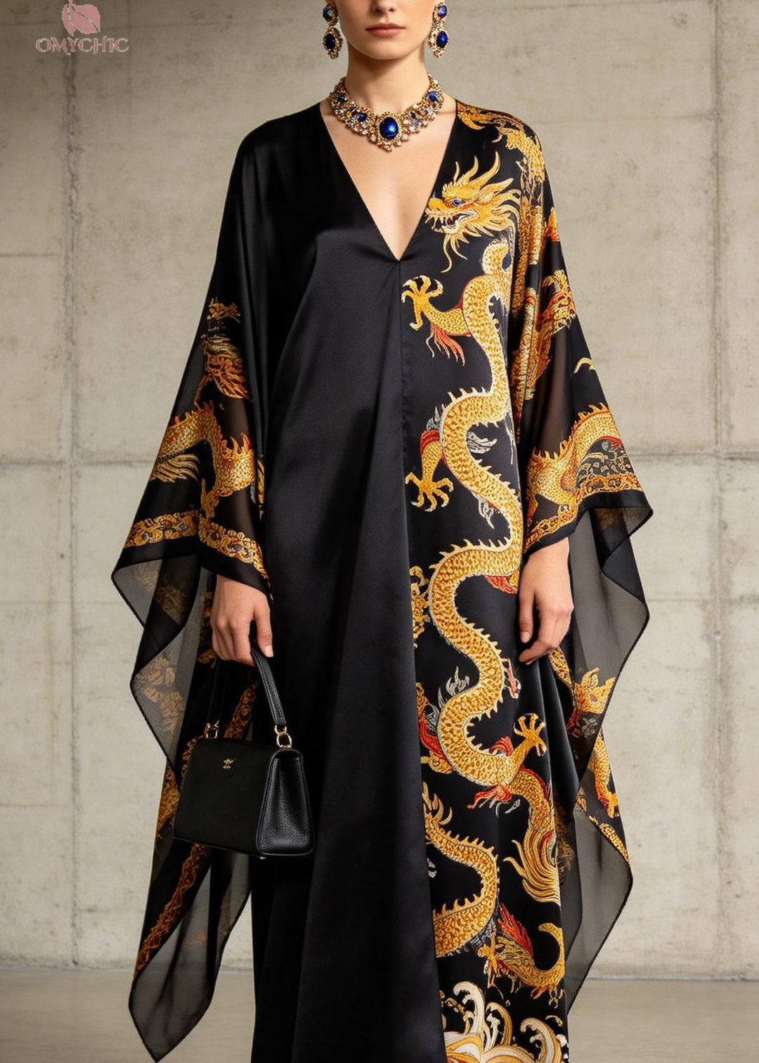 Plus Size Black V Neck Oriental Print Chiffon Dress Summer - Omychic